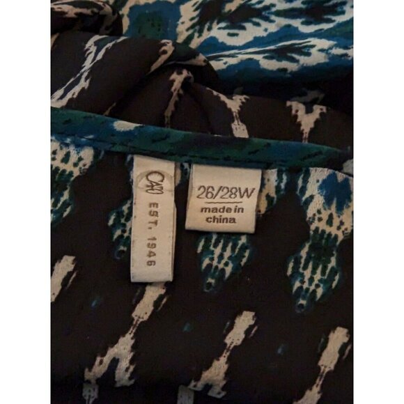 Cato Blouse Women Plus 26/28 Ikat Blue Green Boho Artsy Sleeve Ladder Cutout - Picture 8 of 9